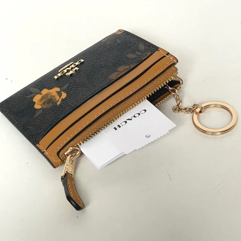 NWT Coach Mini Skinny ID Wallet CCV88 Signature Canvas Floral Brown Walnut